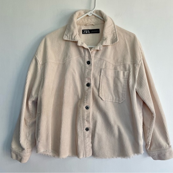 Zara Beige Corduroy Button-Up Jacket Shirt Cream Raw Edge Casual Collared M - Picture 1 of 12